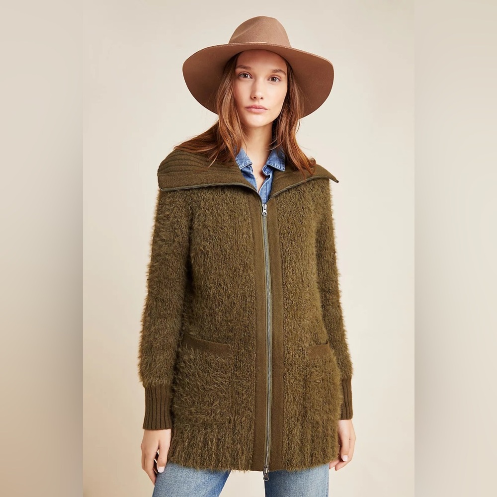 Anthropologie Moss Bethenny Zip-Front Green Turtleneck Cardigan Size XS